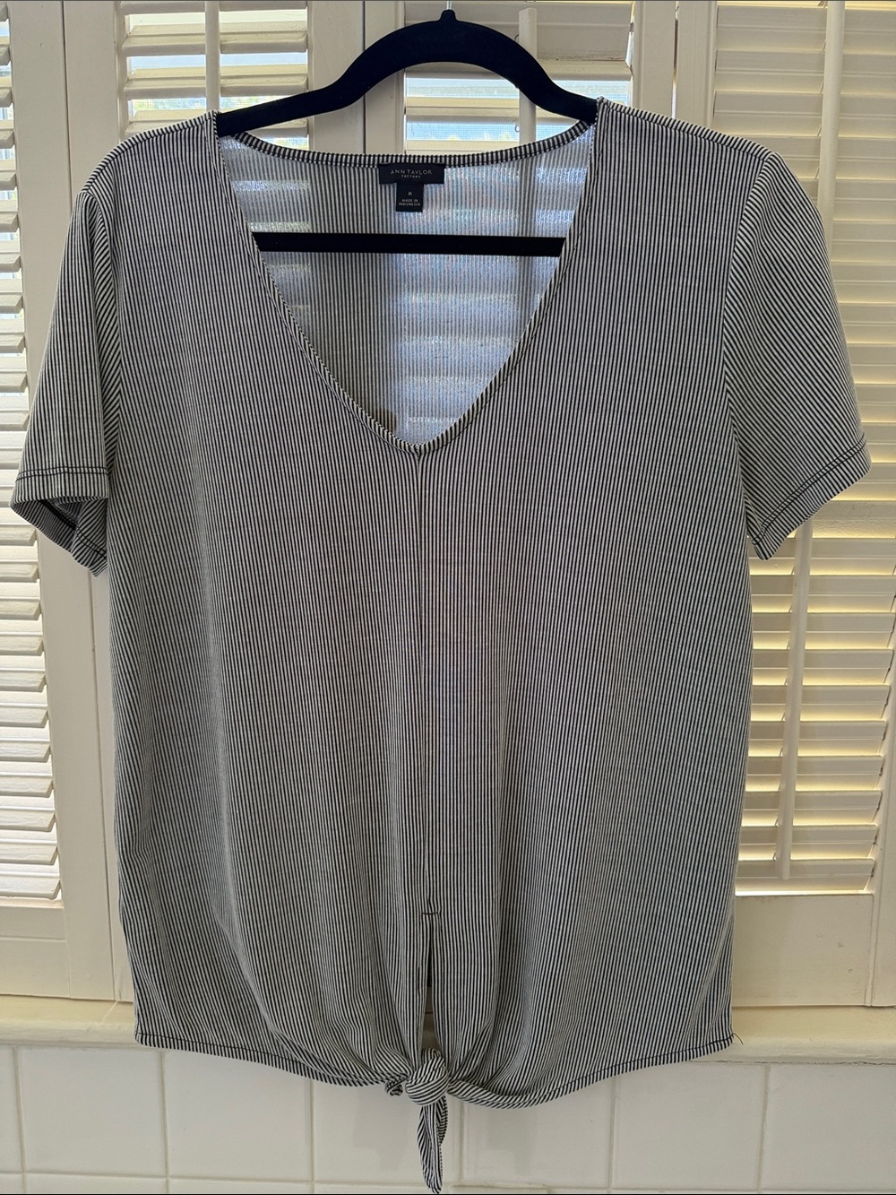 Ann Taylor Factory Navy & White Striped V-Neck Tie-Front Tee